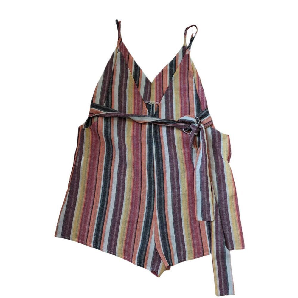 Shein Cami Romper Jumpsuit Women's Medium Multicolor Striped Surplice Neck Wrap